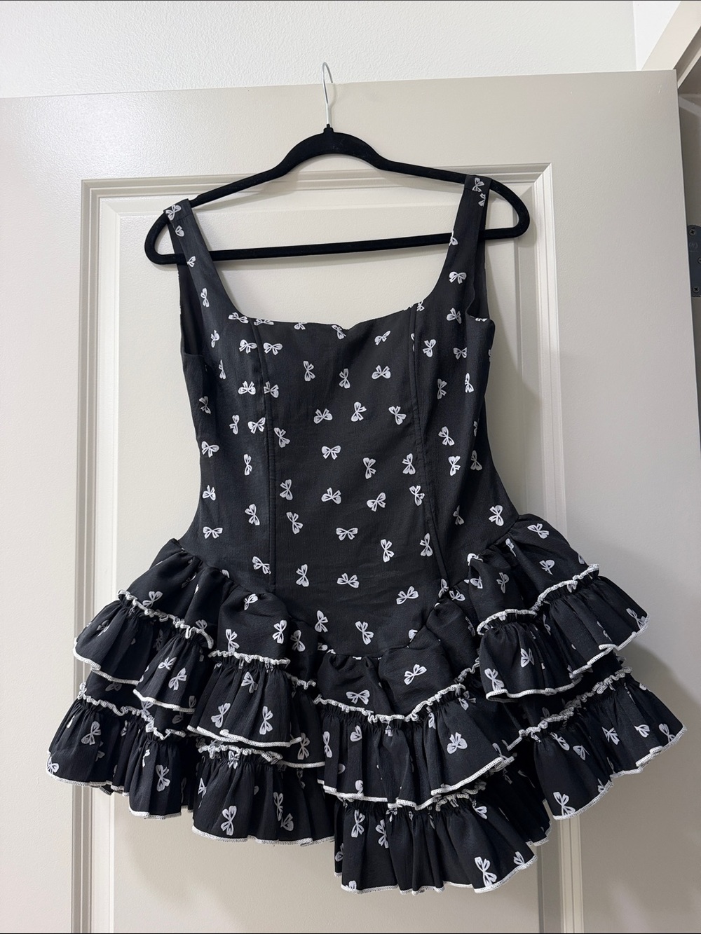 Black Ribbon Print Ruffle Mini Dress - Picture 3 of 6